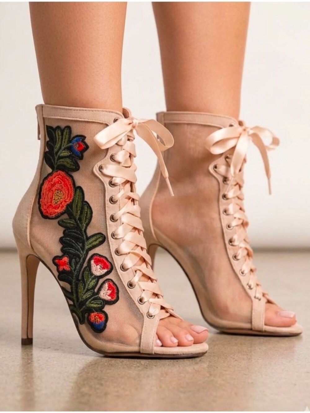 Floral Embroidered Mesh Lace-Up Stiletto Heels With Back Zipper